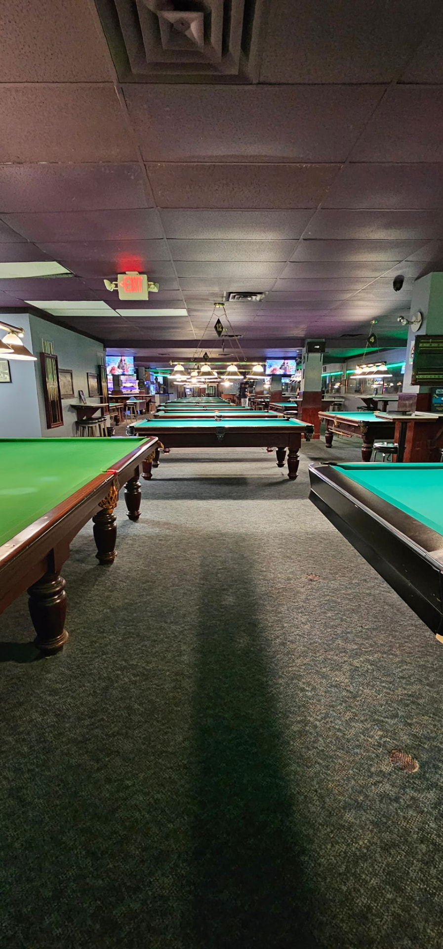 Rows of green-felt pool tables under hanging lamps at Boulevard Billiards